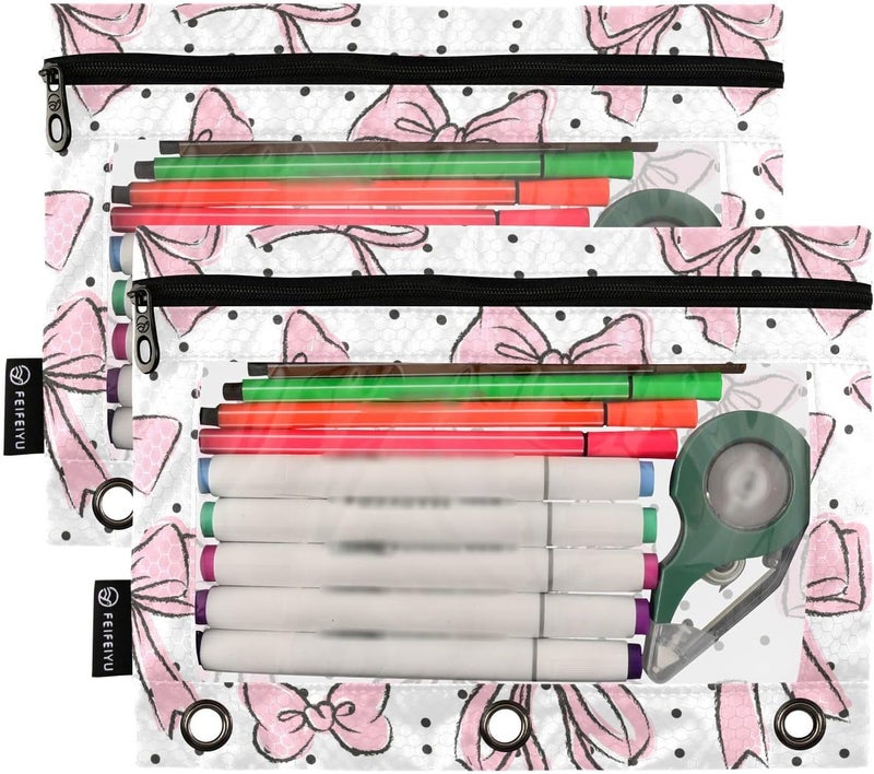 BOENLE Cute Bows Pink Pencil Pouch for 3 Ring Binder, 2 Pack Waterproof Pencil Bags Clear Window Zipper School Office Supplies - Image 2